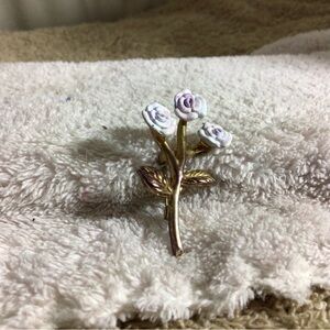 Gold-Tone Floral Rose Cluster Brooch with White/Purple Enamel